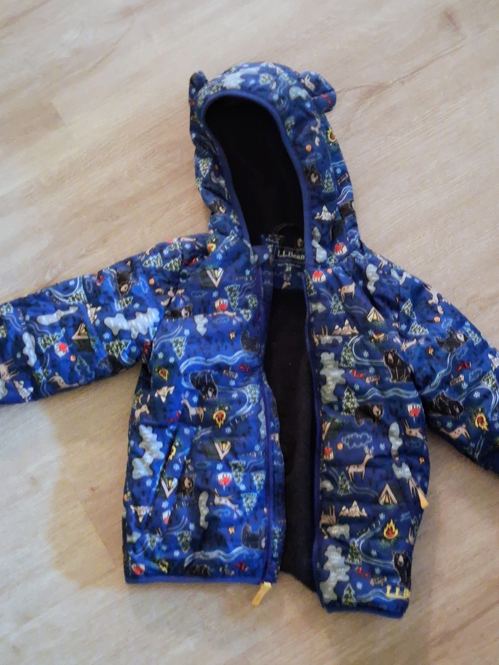 L.L. Bean Blue Kids' Hooded Puffer Jacket with Outdoor Print